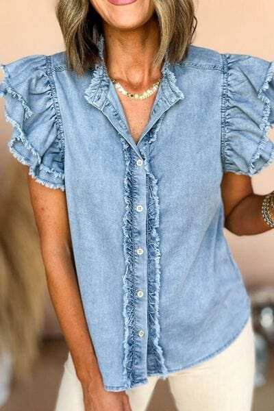 Button Down Raw Hem Ruffled Denim Shirt - Trendsi - Flyclothing LLC
