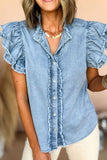 Button Down Raw Hem Ruffled Denim Shirt - Trendsi