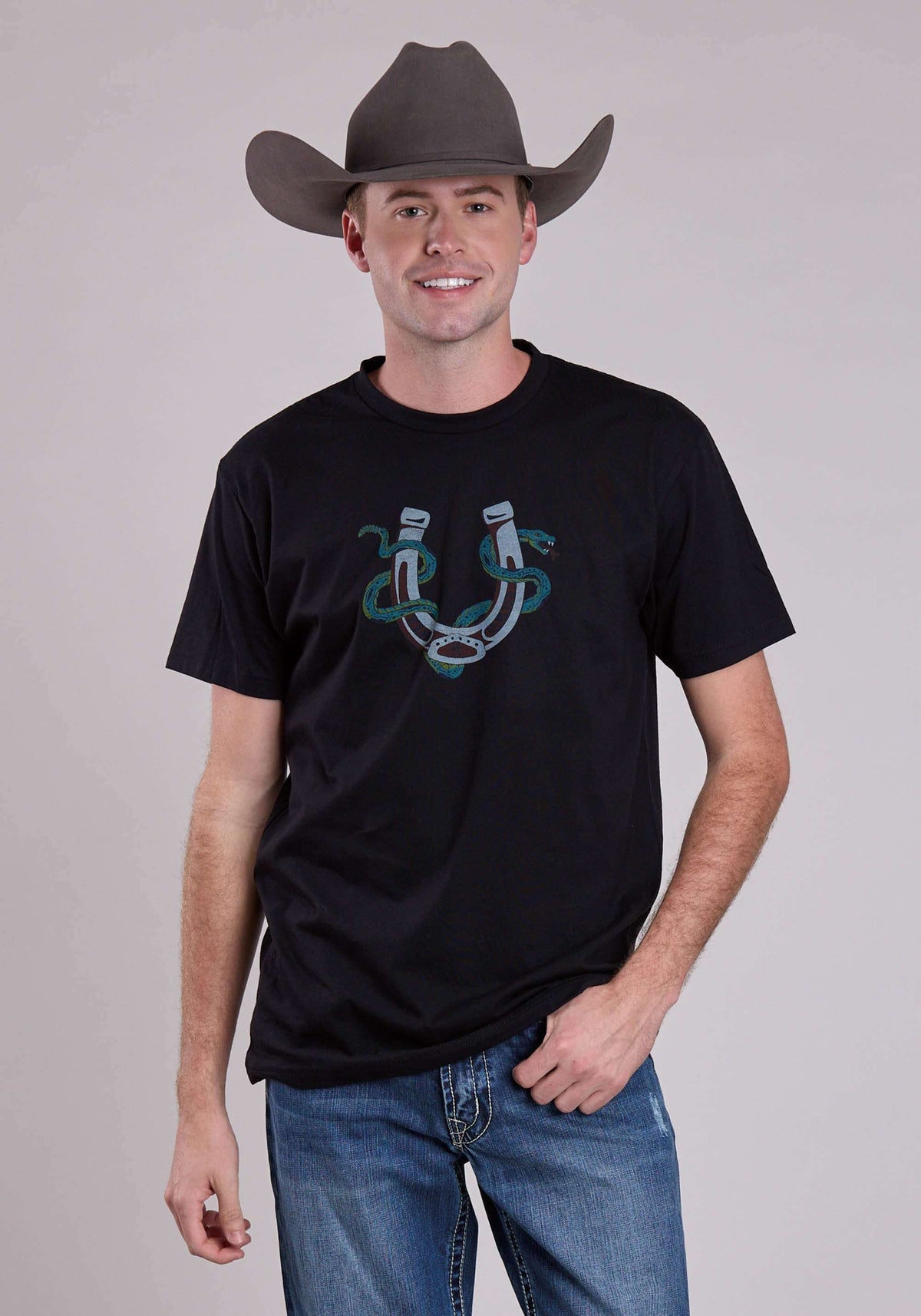 Tin Haul Unisex Rattle Snake Horseshoe Print Short Sleeve Pullover Western - Tin Haul - Flyclothing LLC
