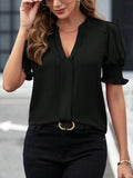 Notched Short Sleeve Blouse - Trendsi - Flyclothing LLC