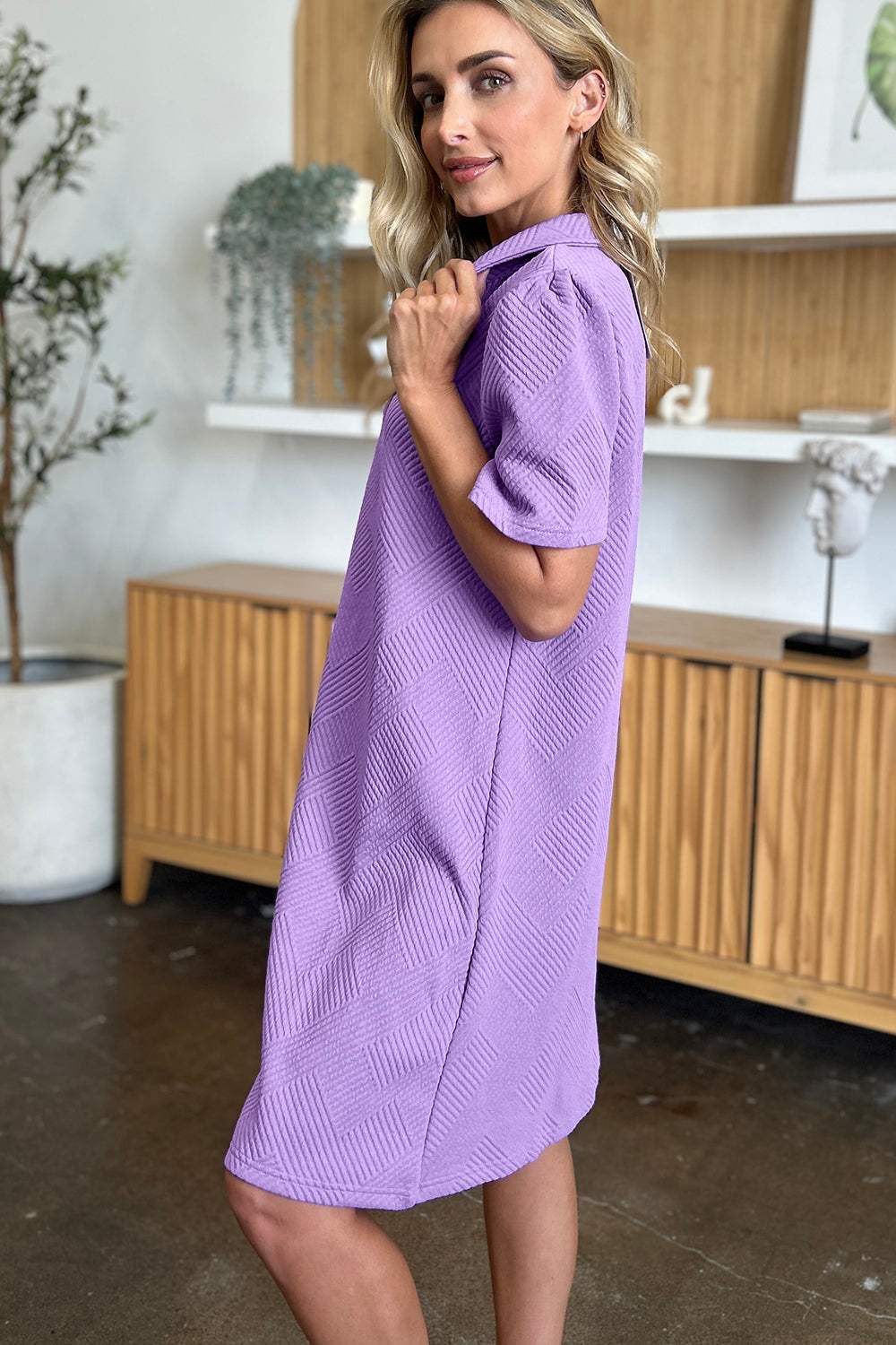 Double Take Full Size Texture Collared Neck Short Sleeve Dress - Trendsi - Flyclothing LLC