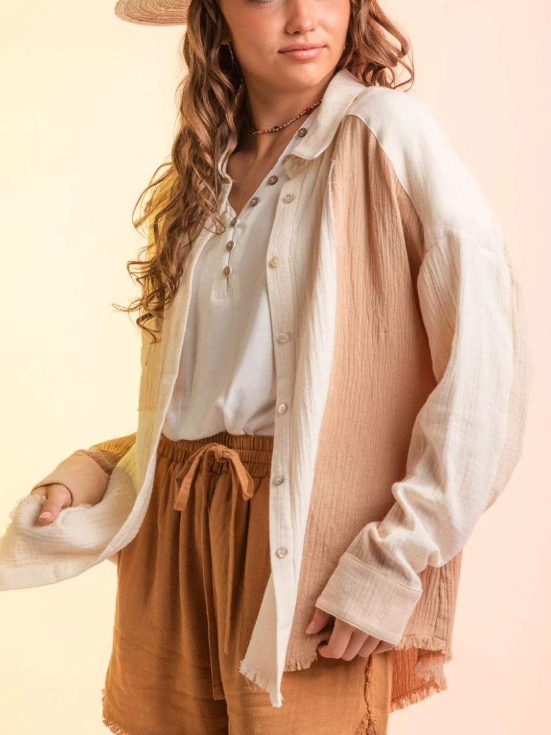 Contrast Button Up Long Sleeve Shirt - Trendsi - Flyclothing LLC