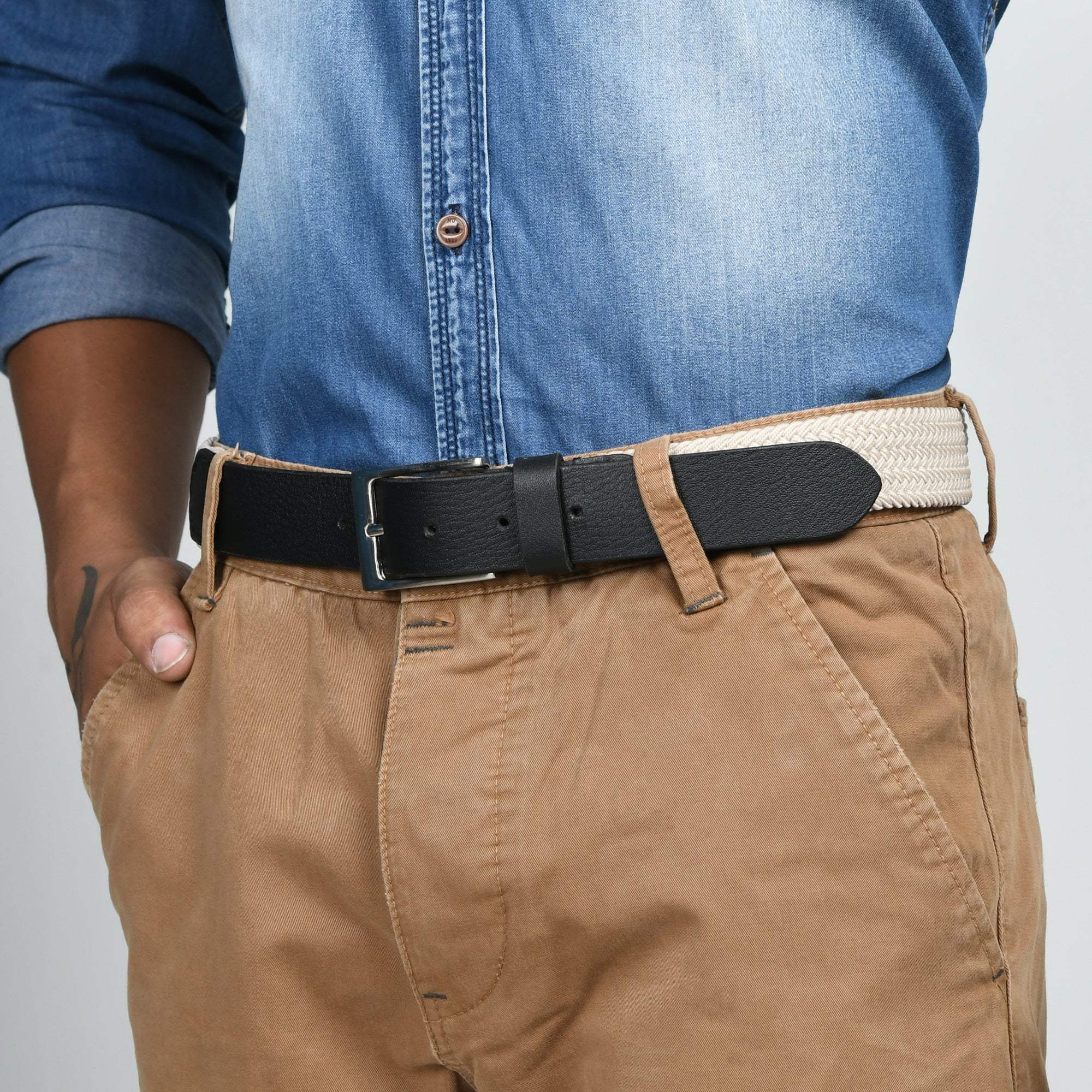 Cream & Black Braided Canvas Leather Belt - Classy Leather Bags - Flyclothing LLC