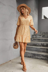 Ditsy Floral V-Neck Half Sleeve Mini Dress - Trendsi - Flyclothing LLC