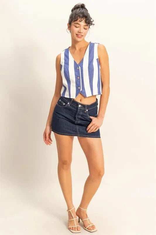 HYFVE Woven Striped V-Neck Button Down Vest - Trendsi - Flyclothing LLC