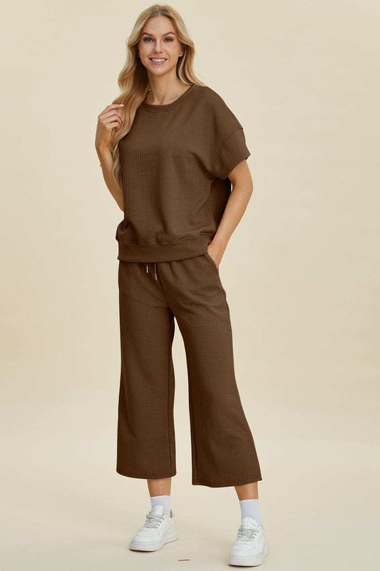 Double Take Full Size Texture Round Neck Top and Pants Set - Trendsi - Flyclothing LLC