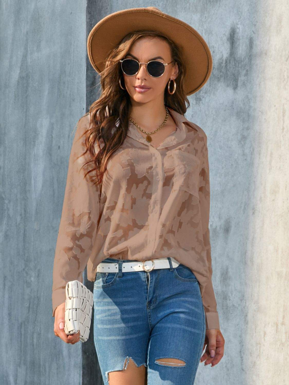 Full Size Collared Neck Long Sleeve Shirt Plus Size - Trendsi - Flyclothing LLC