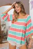 BiBi Stripe Printed Bubble Woven Balloon Sleeves Top - Trendsi - Flyclothing LLC
