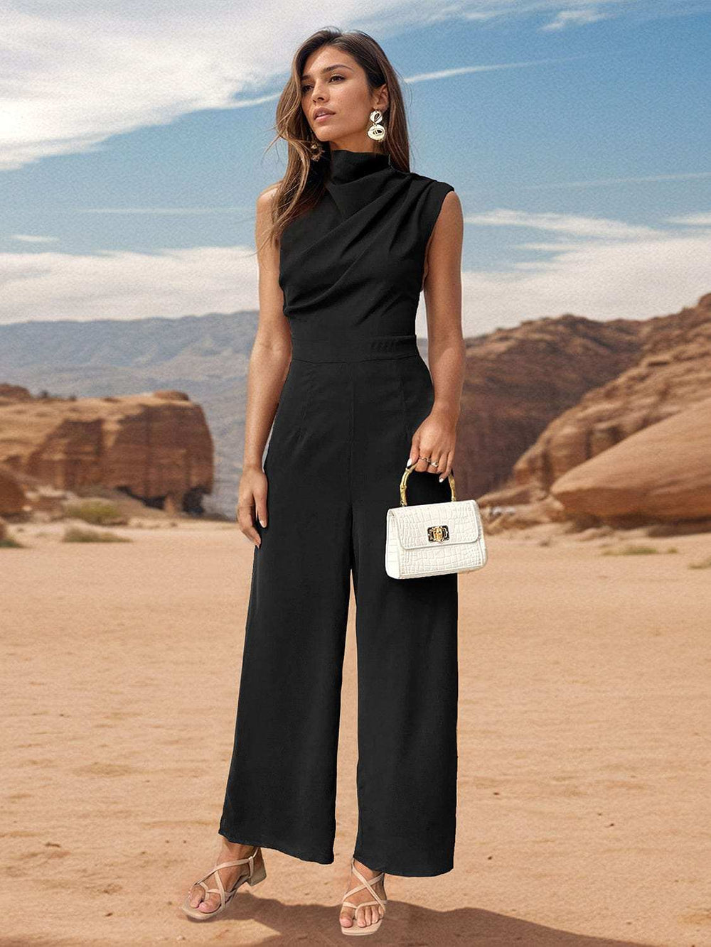 Ruched Mock Neck Sleeveless Jumpsuit - Trendsi - Flyclothing LLC