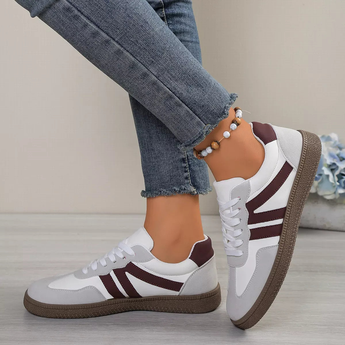 Striped Lace-Up Casual Sneakers - Trendsi - Flyclothing LLC