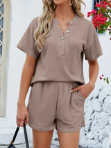 Casual Button Detail Ribbed Top and Shorts Two-Piece Set - Trendsi - Flyclothing LLC