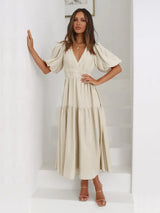 Tiered Surplice Half Sleeve Midi Dress - Trendsi - Flyclothing LLC