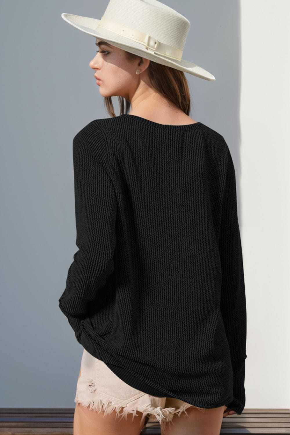 Double Take Full Size Notched Thumbhole Long Sleeve T-Shirt - Trendsi