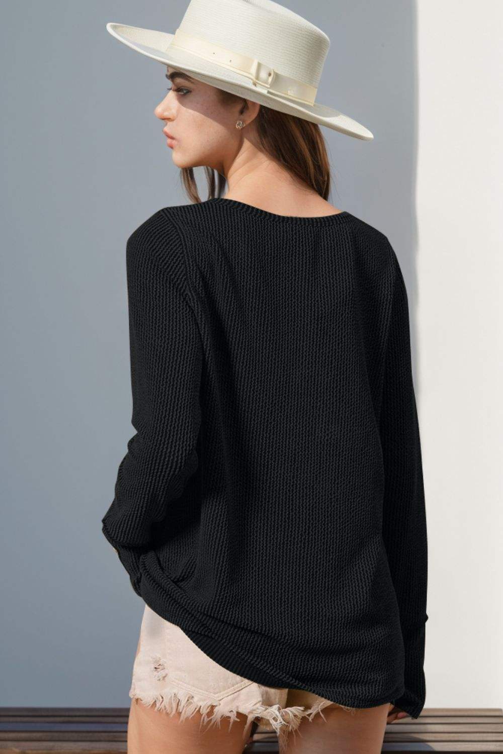 Double Take Full Size Notched Thumbhole Long Sleeve T-Shirt - Trendsi - Flyclothing LLC