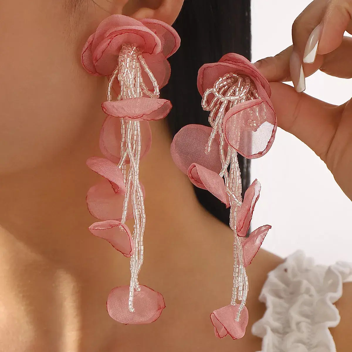 Floral Petal Beaded Tassel Drop Earrings - Trendsi - Flyclothing LLC