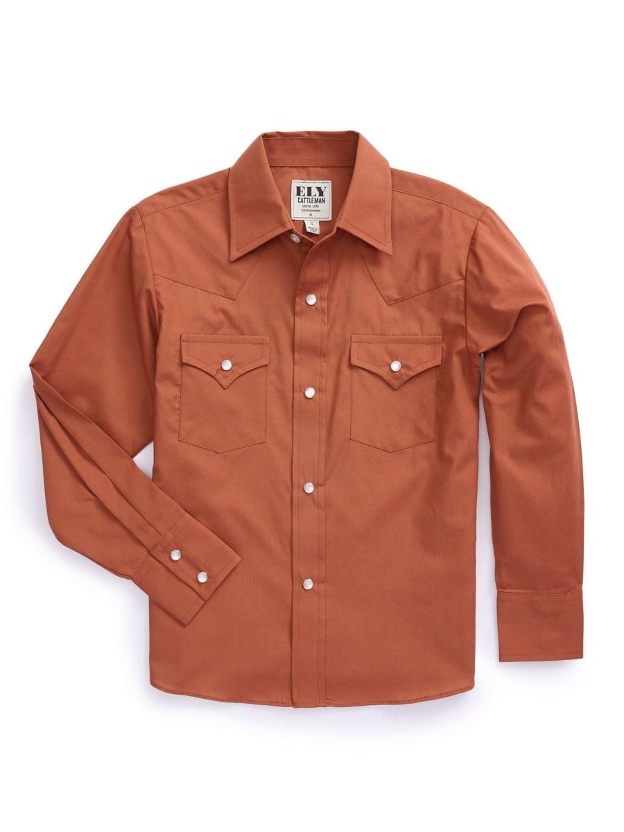 Boy's Ely Cattleman Long Sleeve Solid Rust Western Snap Shirt - Ely Cattleman