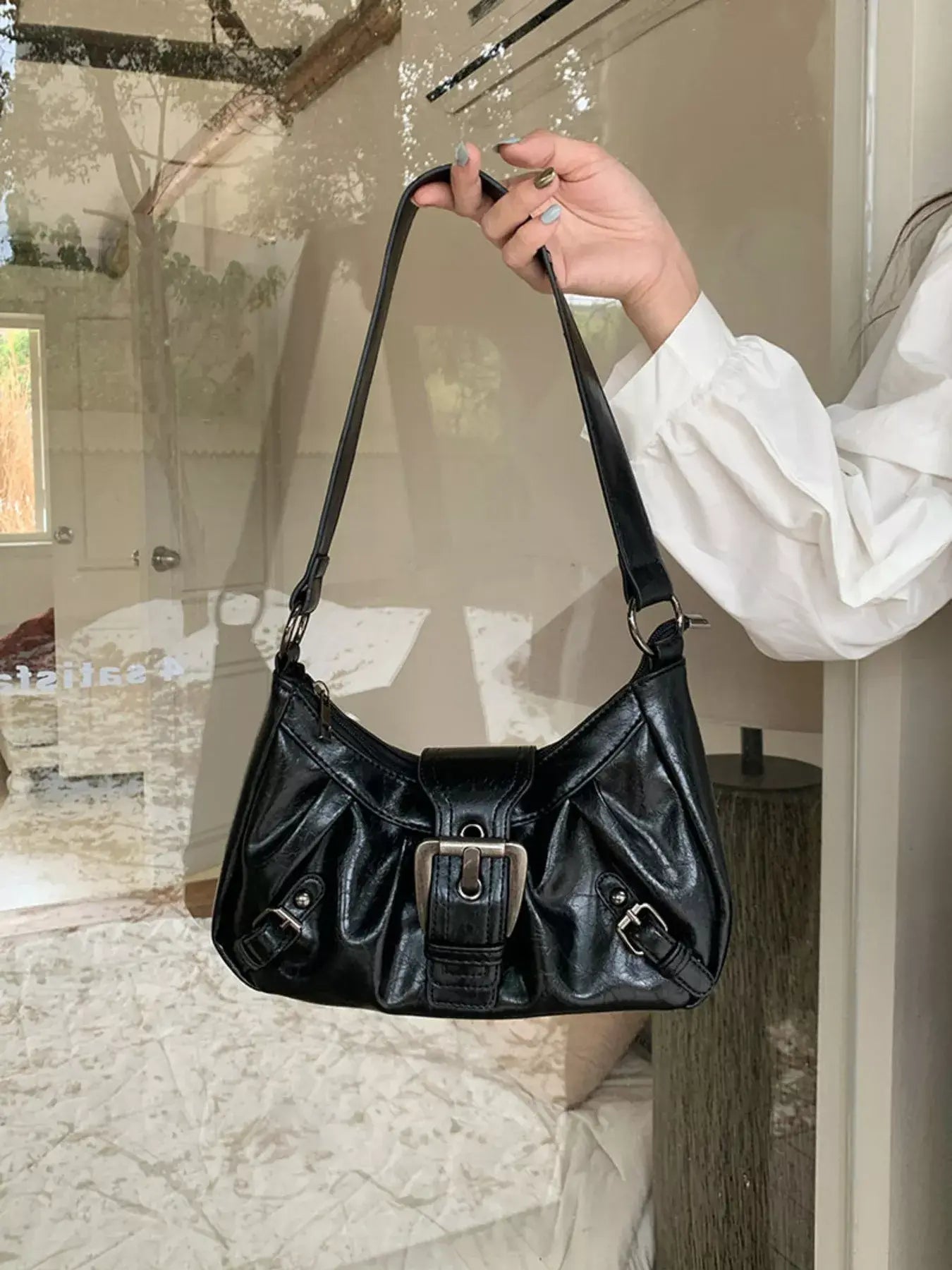 Buckle Decor Ruched Shoulder Bag - Trendsi - Flyclothing LLC