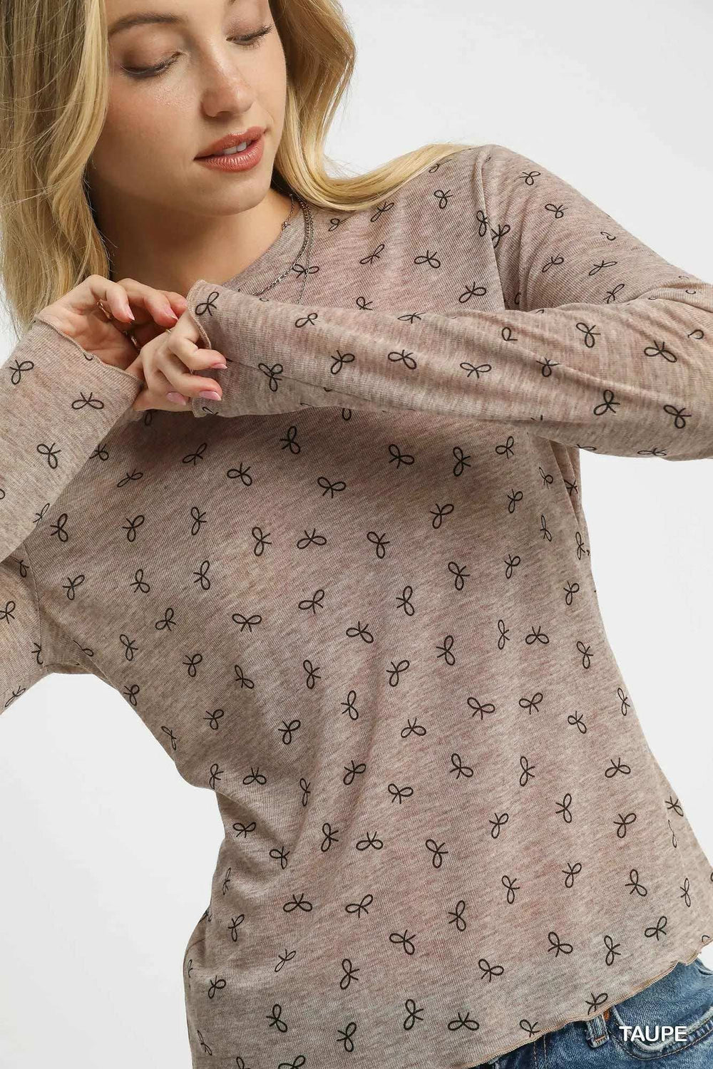 Umgee Bow Print Lightweight Knit Top - Trendsi - Flyclothing LLC