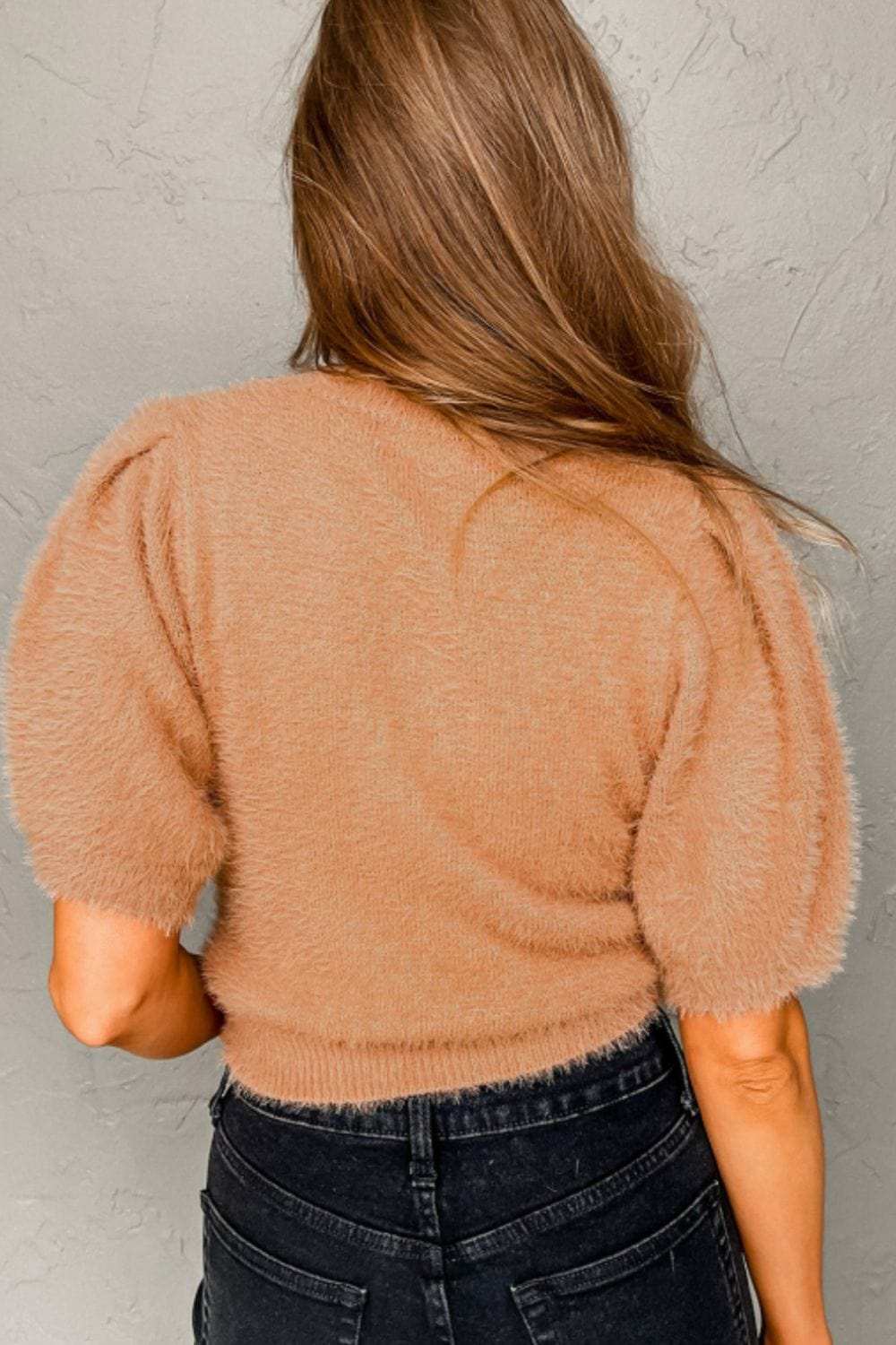 Fuzzy Round Neck Half Sleeve Sweater - Trendsi - Flyclothing LLC