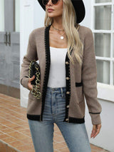 Contrast Trim Button Up Long Sleeve Cardigan - Trendsi - Flyclothing LLC
