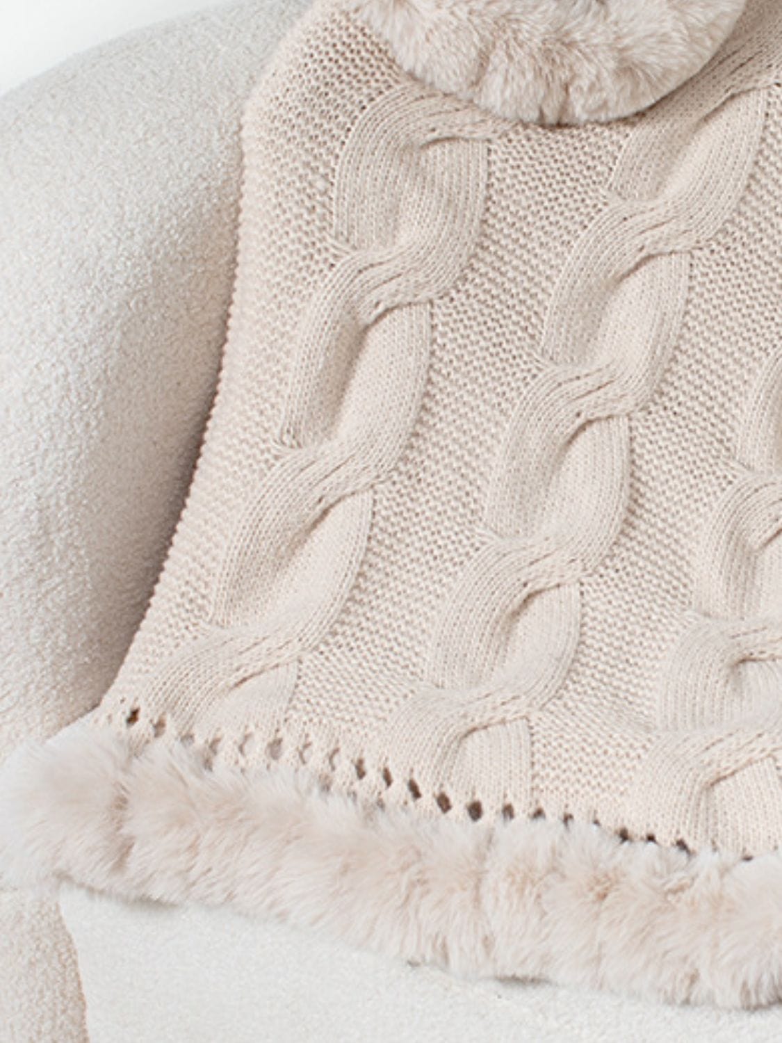 Fuzzy Hem Cable-Knit Poncho - Trendsi