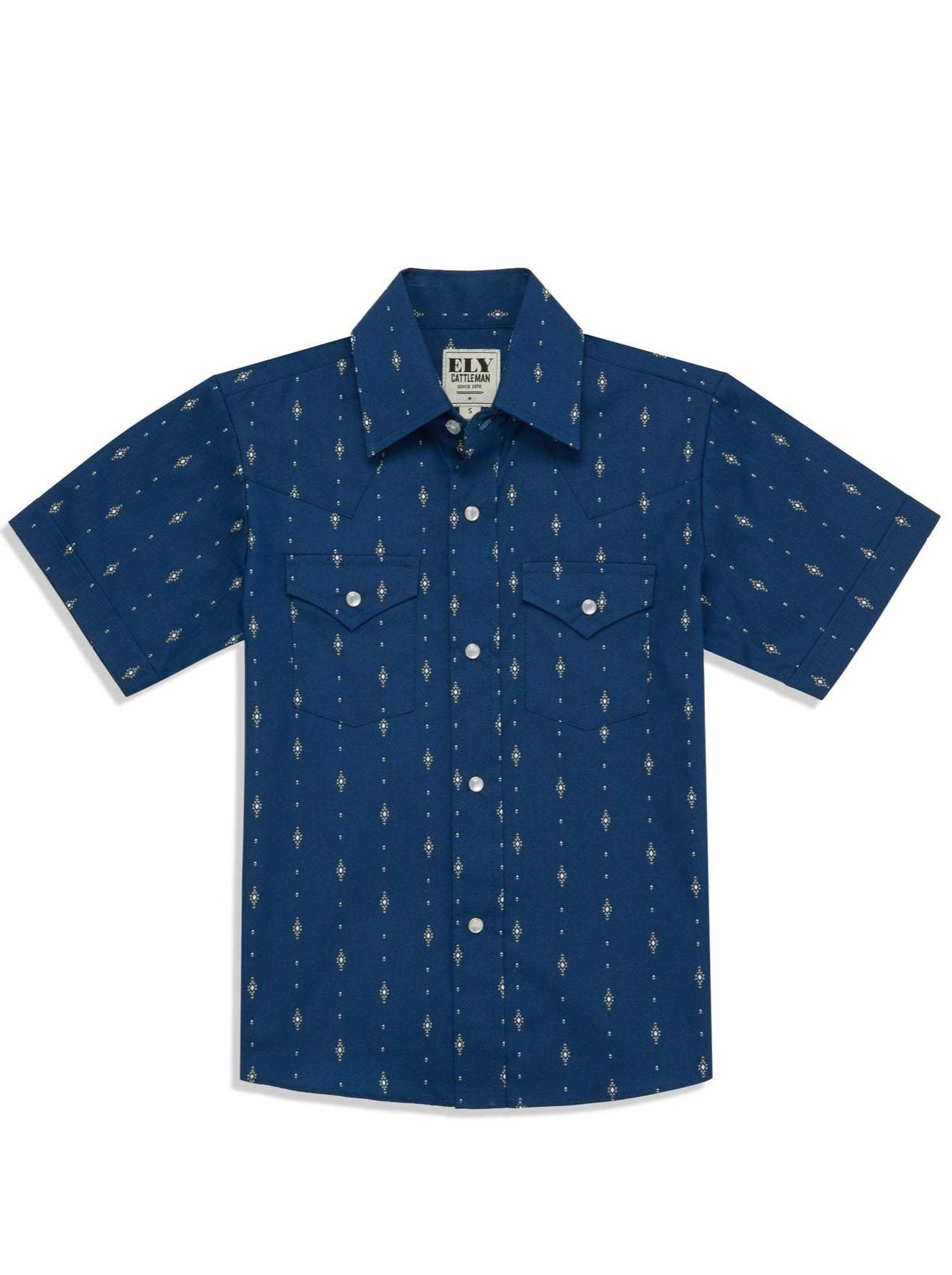 Boy's Ely Cattleman Short Sleeve Diamond Aztec Print Snap Shirt- Navy & White - Ely Cattleman - Flyclothing LLC
