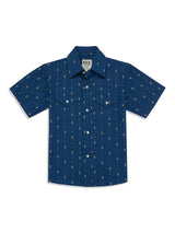 Boy's Ely Cattleman Short Sleeve Diamond Aztec Print Snap Shirt- Navy & White