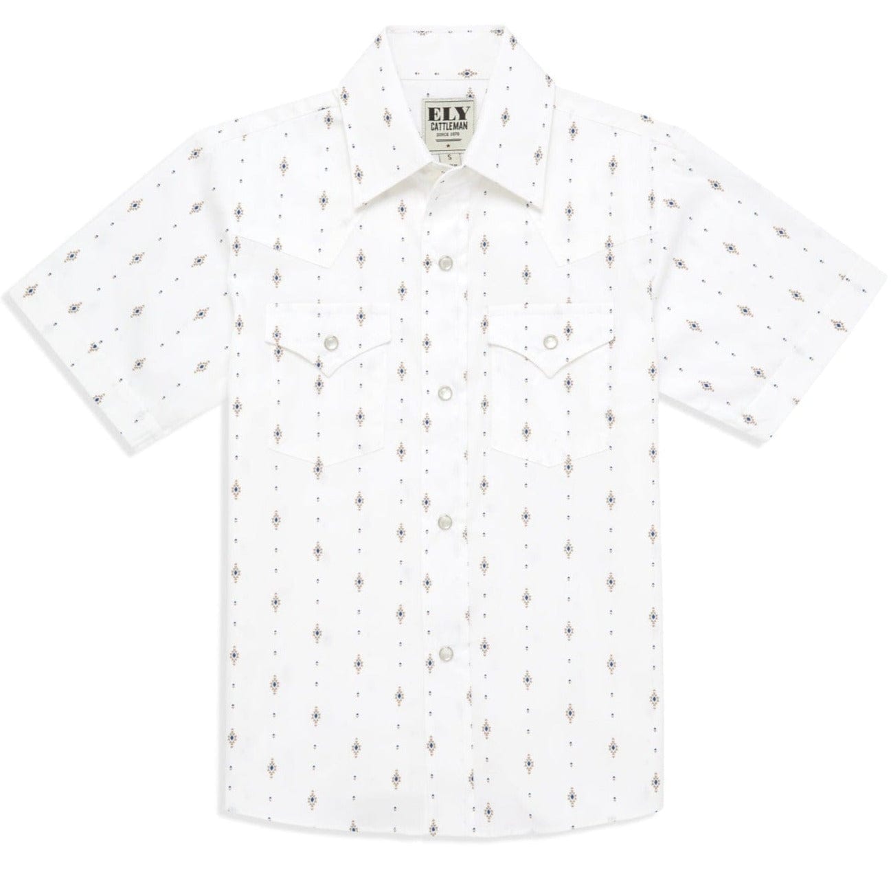 Boy's Ely Cattleman Short Sleeve Diamond Aztec Print Snap Shirt- Navy & White - Ely Cattleman