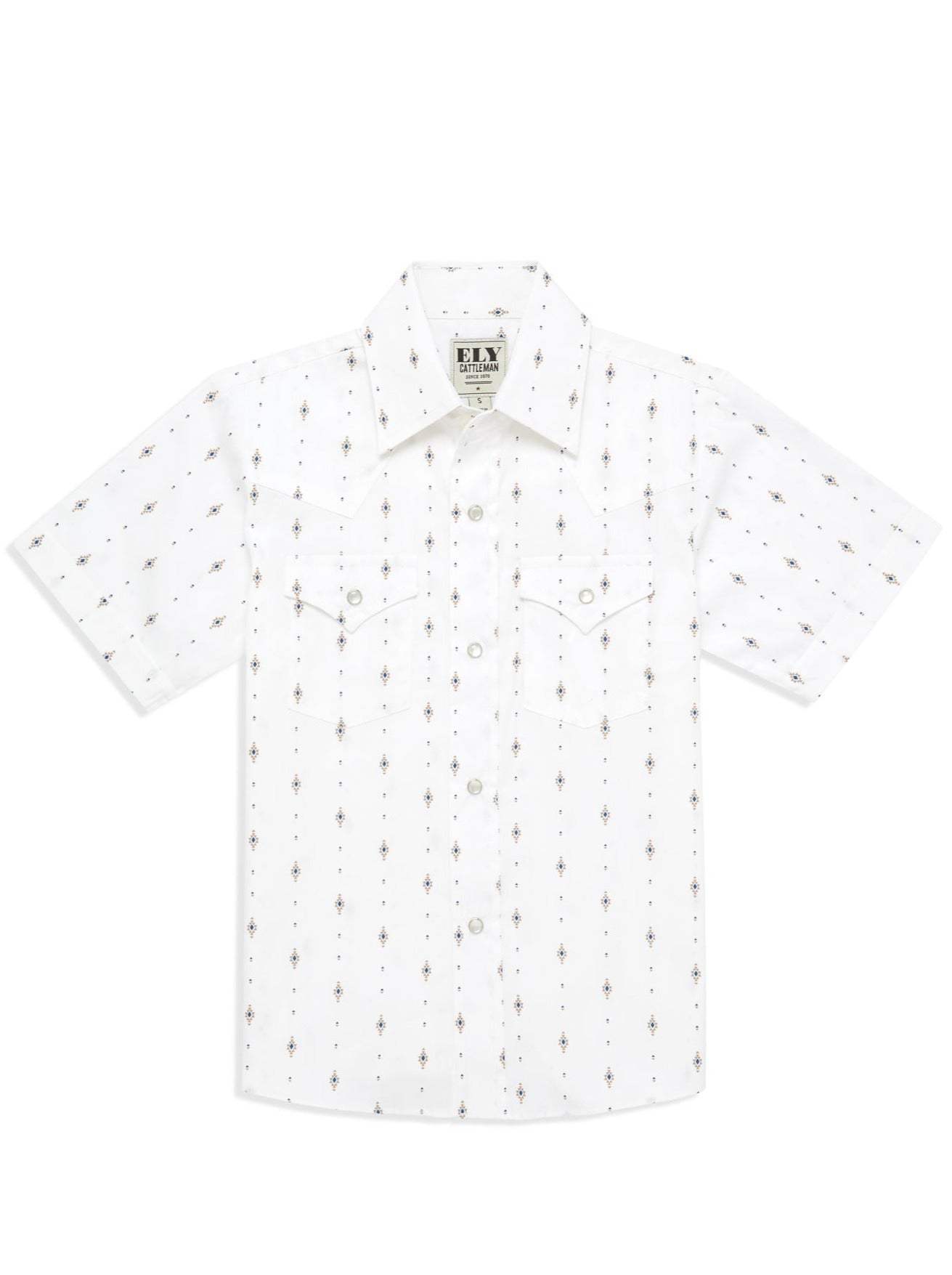 Boy's Ely Cattleman Short Sleeve Diamond Aztec Print Snap Shirt- Navy & White - Ely Cattleman - Flyclothing LLC