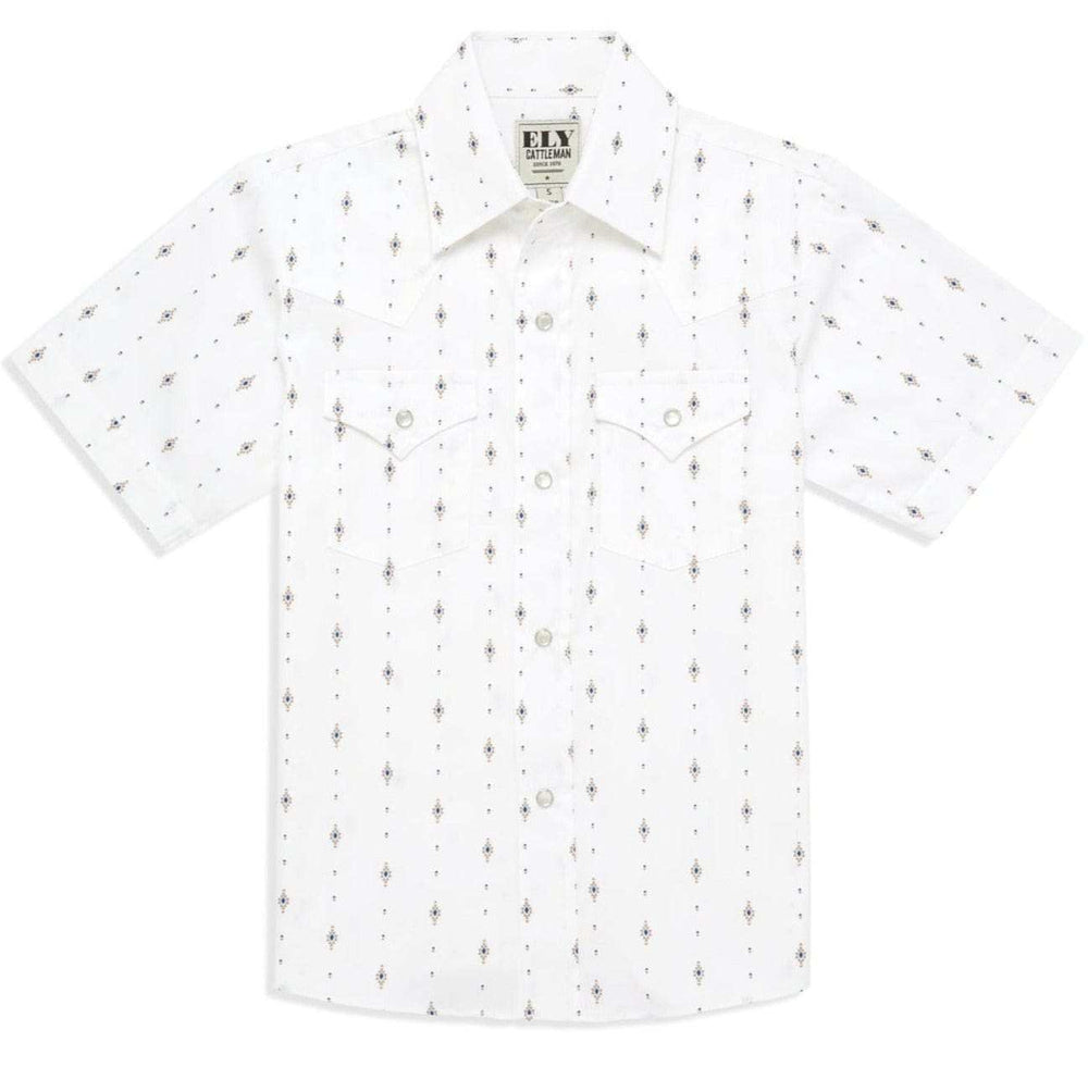 Boy's Ely Cattleman Short Sleeve Diamond Aztec Print Snap Shirt- Navy & White - Ely Cattleman - Flyclothing LLC