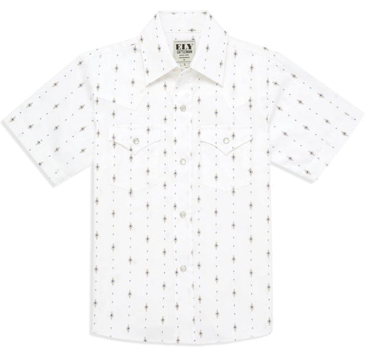 Boy's Ely Cattleman Short Sleeve Diamond Aztec Print Snap Shirt- Navy & White - Ely Cattleman