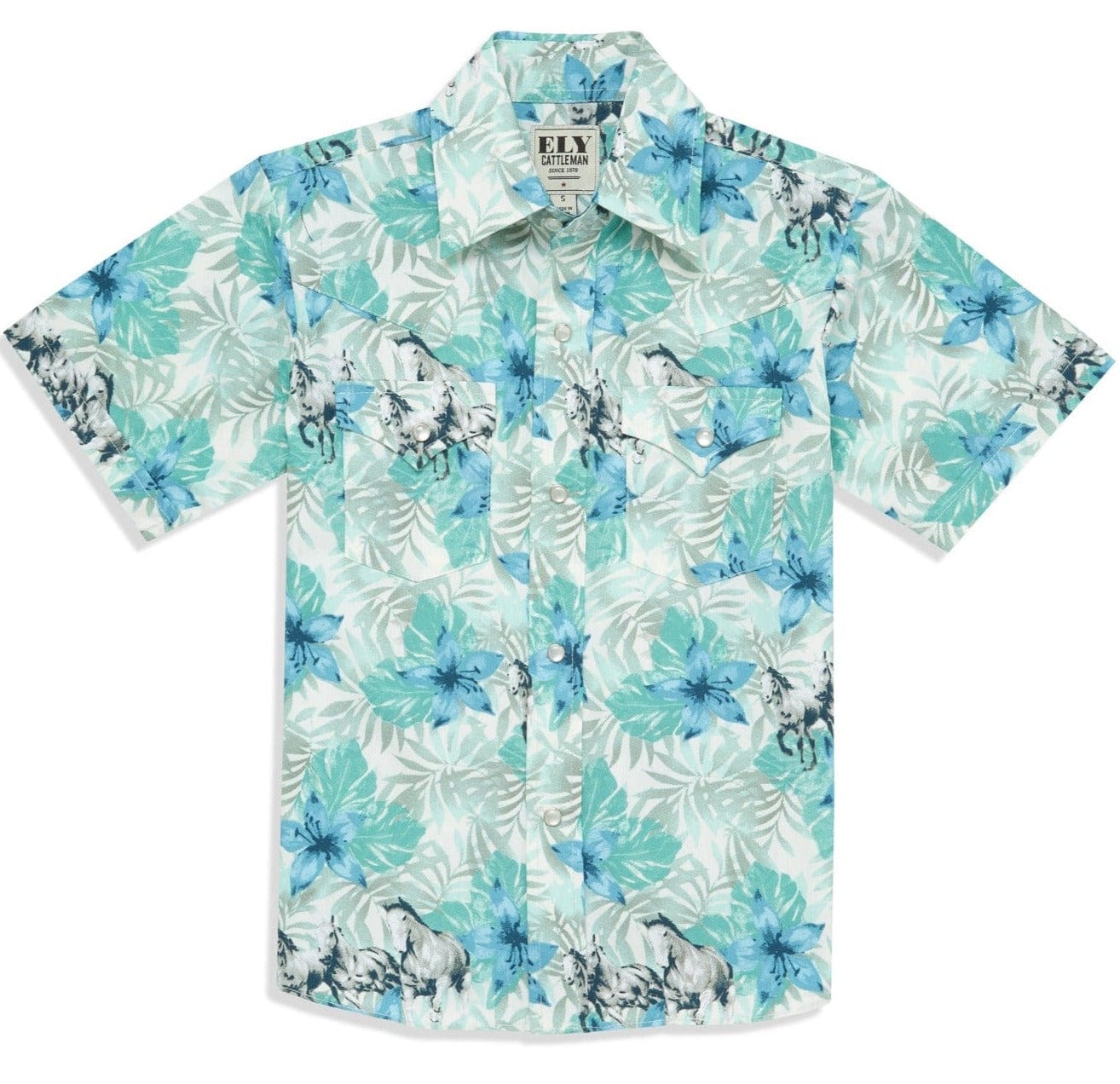 Boy's Ely Cattleman Short Sleeve Hawaiian Horse Print Snap Shirt- Tan & Ecru - Ely Cattleman