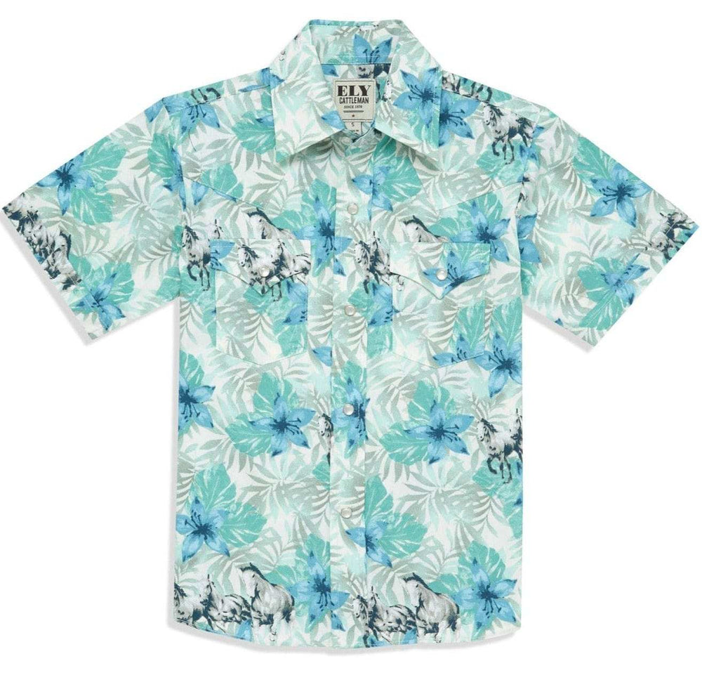 Boy's Ely Cattleman Short Sleeve Hawaiian Horse Print Snap Shirt- Tan & Ecru - Ely Cattleman - Flyclothing LLC