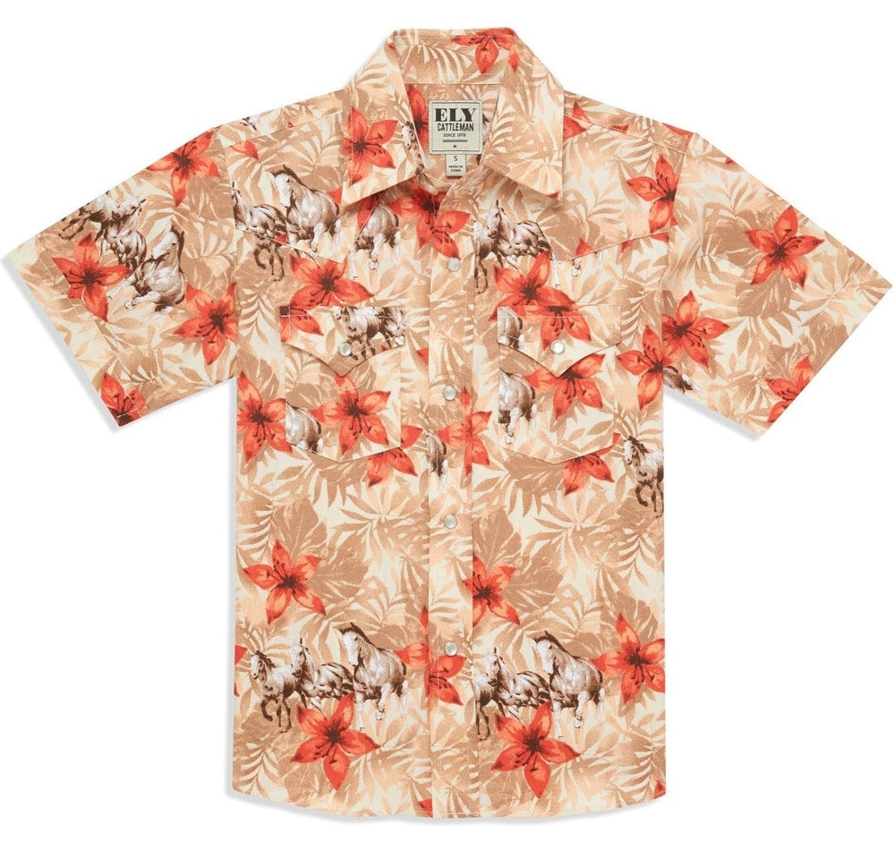 Boy's Ely Cattleman Short Sleeve Hawaiian Horse Print Snap Shirt- Tan & Ecru - Ely Cattleman