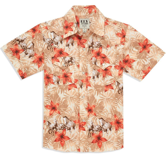 Boy's Ely Cattleman Short Sleeve Hawaiian Horse Print Snap Shirt- Tan & Ecru - Ely Cattleman
