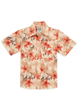 Boy's Ely Cattleman Short Sleeve Hawaiian Horse Print Snap Shirt- Tan & Ecru