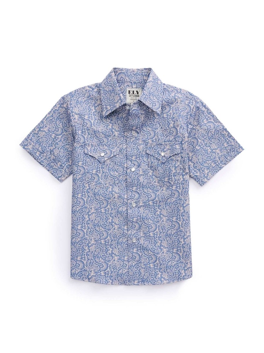 Boy's Ely Cattleman Short Sleeve Paisley Print Snap Shirt- Navy - Ely Cattleman