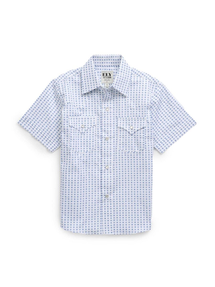 Boy's Ely Cattleman Short Sleeve White Geo Print Snap Shirt - Ely Cattleman - Flyclothing LLC