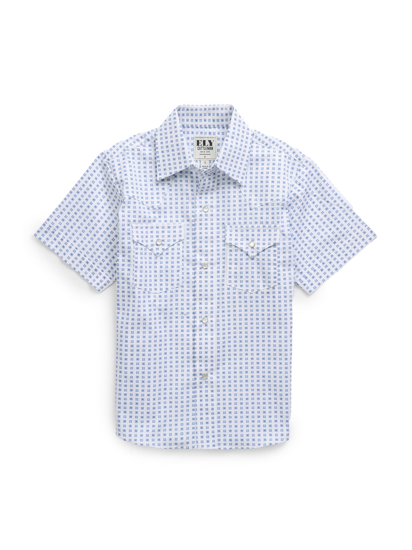 Boy's Ely Cattleman Short Sleeve White Geo Print Snap Shirt
