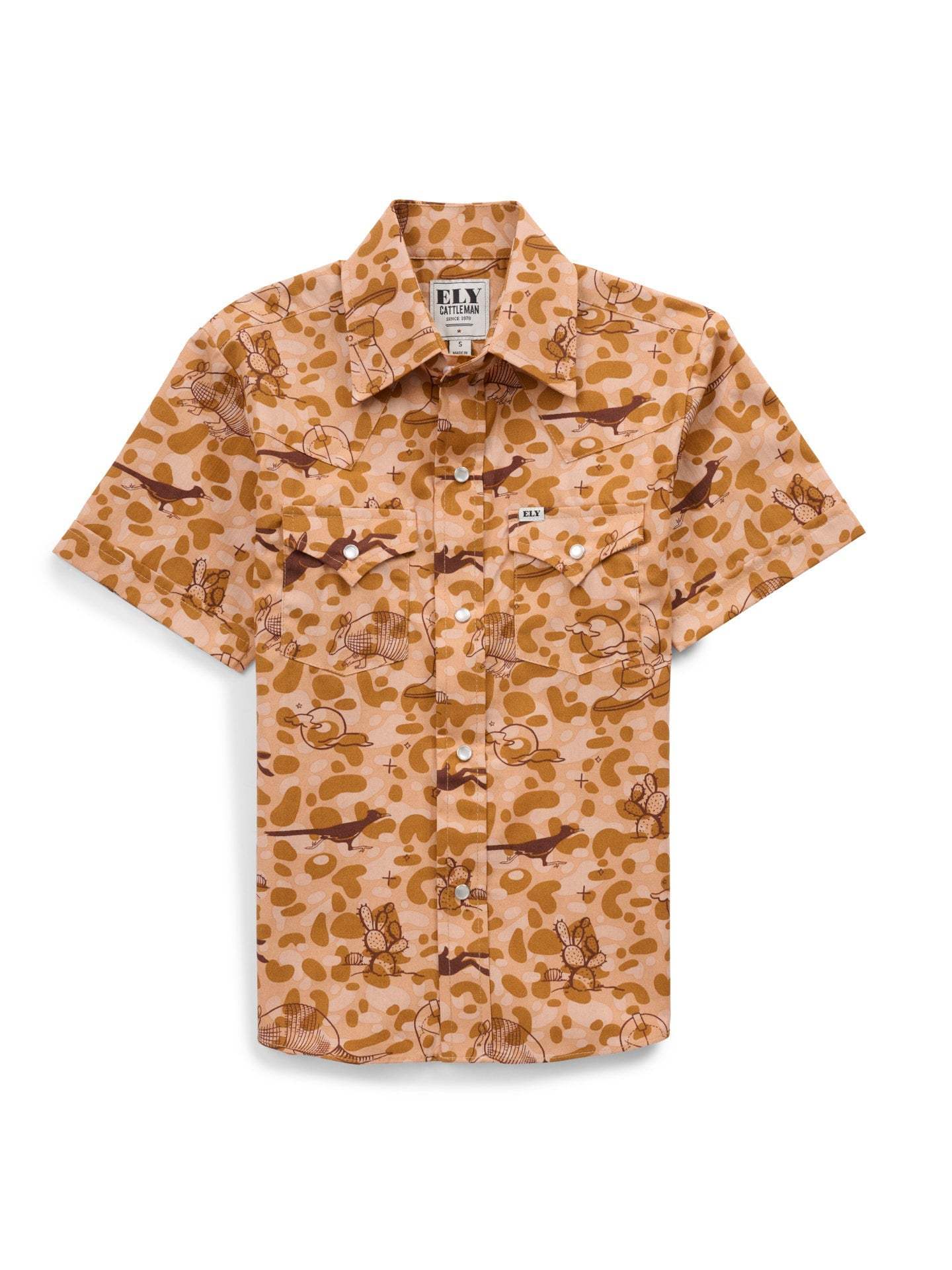Boy's Ely Cattleman Short Sleeve Conversational Camo-Tan Print Snap Shirt - Ely Cattleman - Flyclothing LLC
