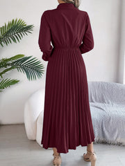 Pleated Half Button Long Sleeve Midi Dress - Trendsi