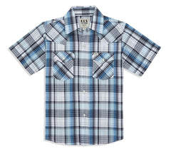 Boy's Ely Cattleman Short Sleeve Plaid Western Snap Shirt - Brown & Blue