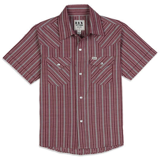 Boy's Ely Cattleman Short Sleeve Americana Dobby Stripe Western Snap Shirt - Blue & Red 2