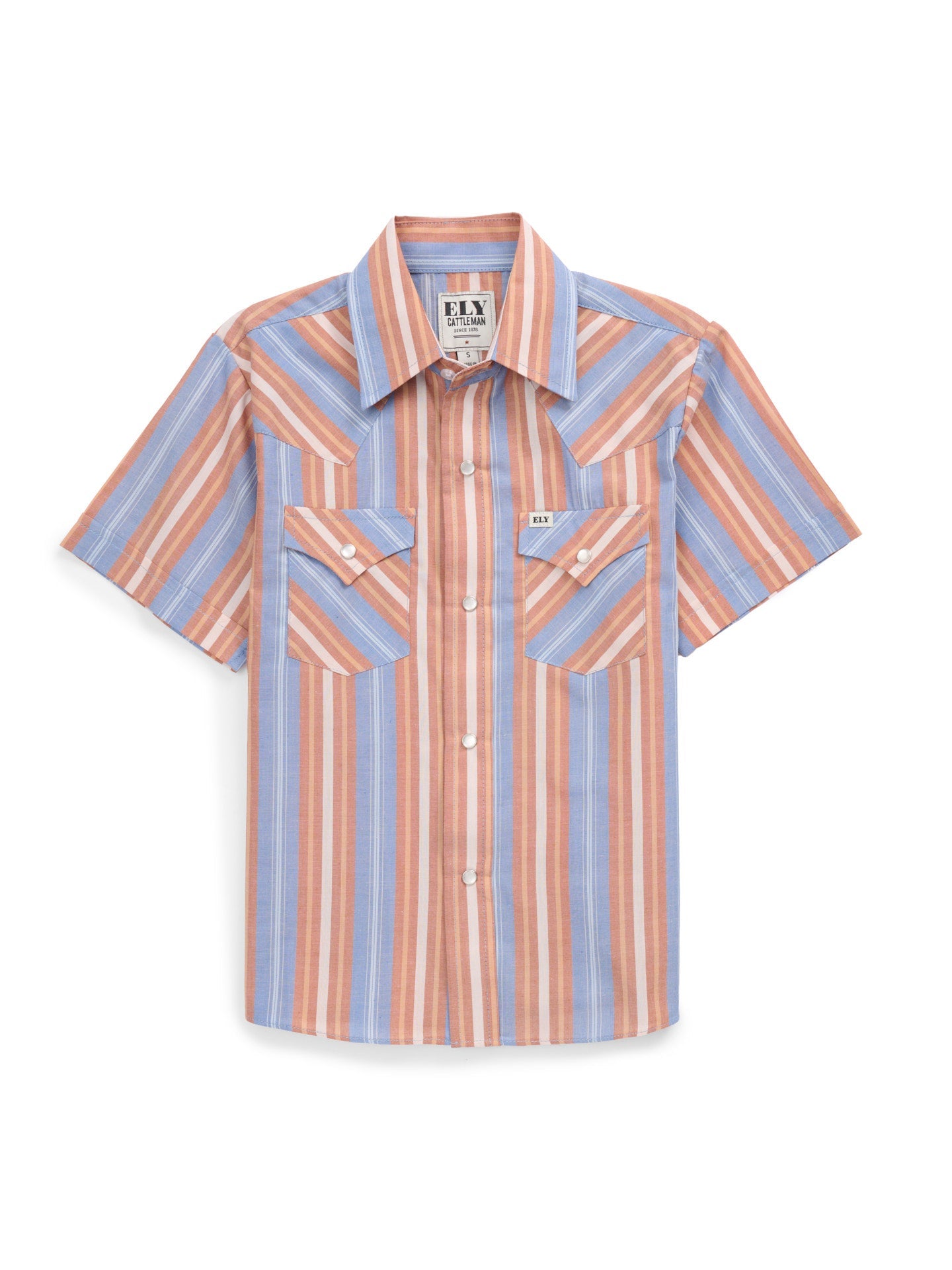 Boy's Ely Cattleman Short Sleeve Blue Stripe Western Snap Shirt
