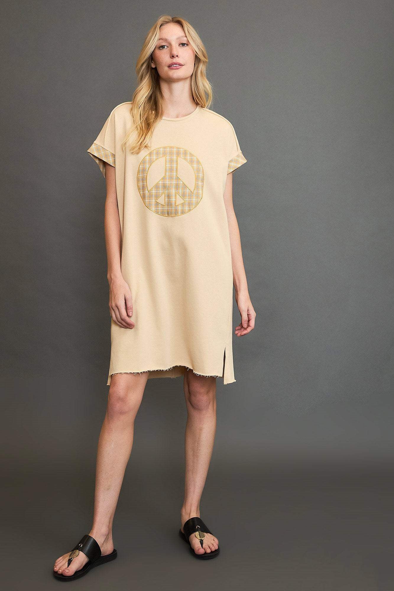 Umgee Peace Plaid Applique Short Sleeve Mini Dress - Trendsi - Flyclothing LLC