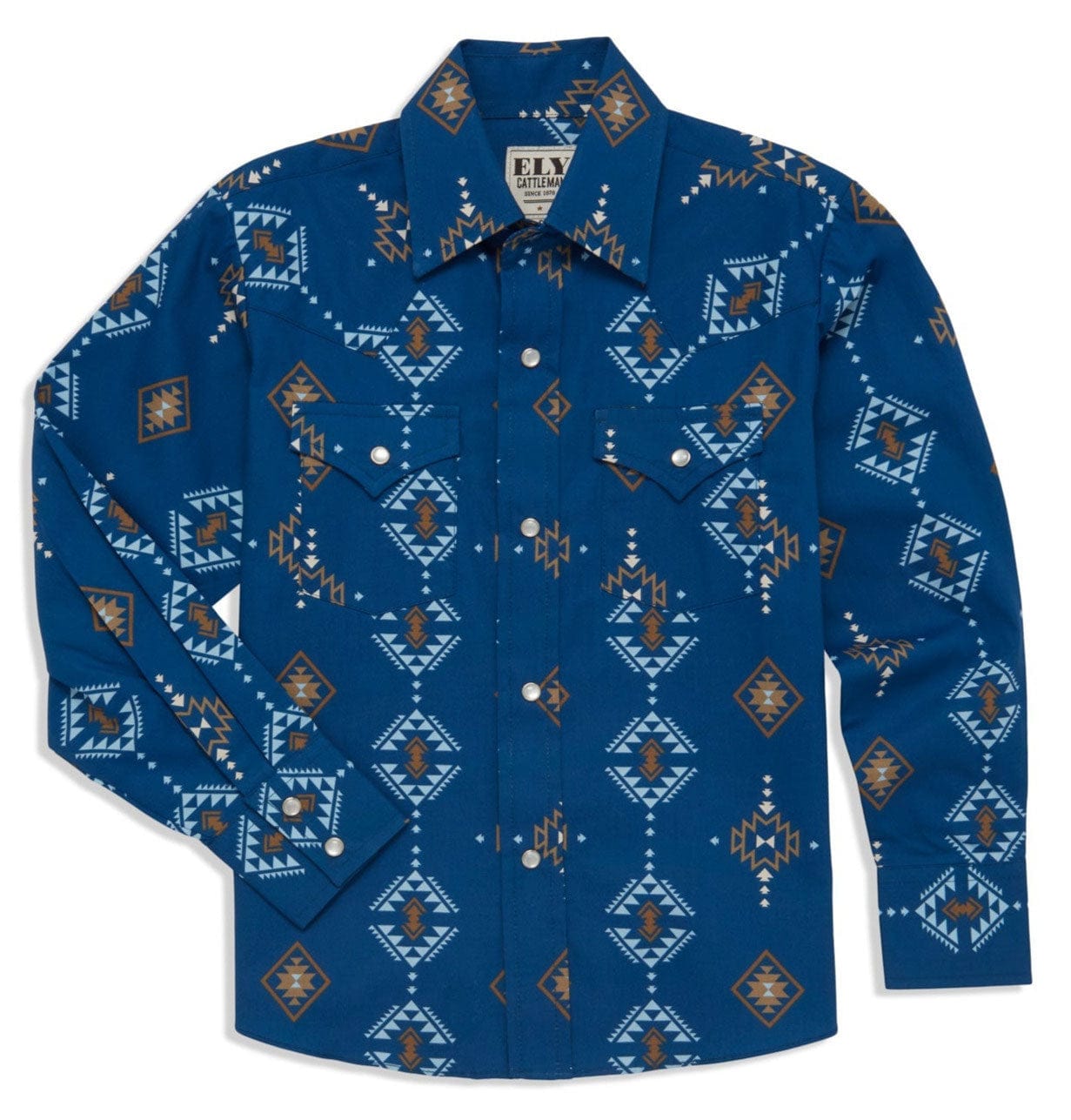Boy's Ely Cattleman Long Sleeve Textured Southwestern Print Snap Shirt- Indigo & White - Ely Cattleman