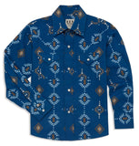 Boy's Ely Cattleman Long Sleeve Textured Southwestern Print Snap Shirt- Indigo & White - Ely Cattleman