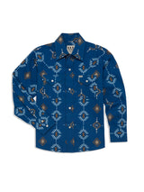 Boy's Ely Cattleman Long Sleeve Textured Southwestern Print Snap Shirt- Indigo & White