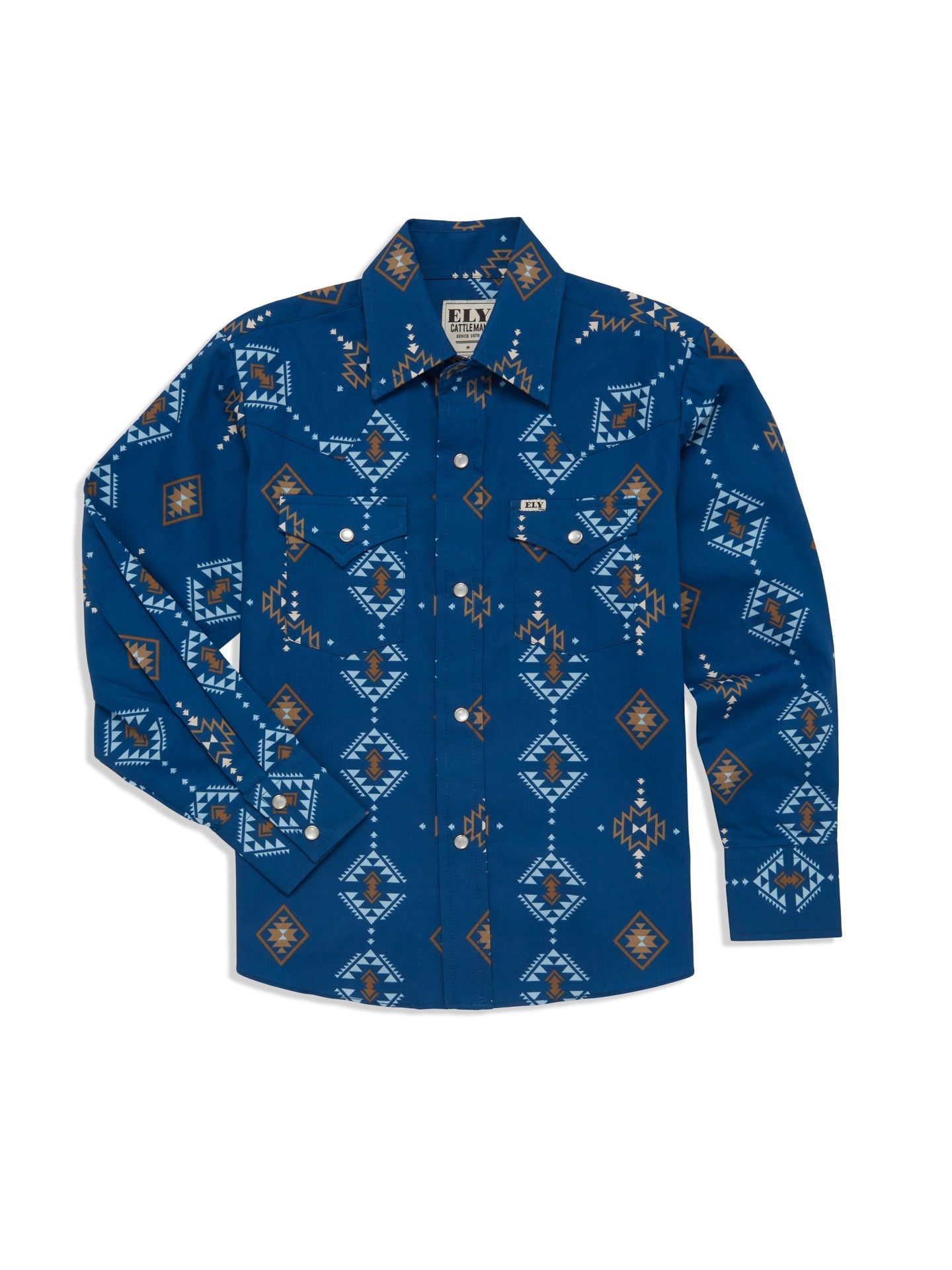Boy's Ely Cattleman Long Sleeve Textured Southwestern Print Snap Shirt- Indigo & White