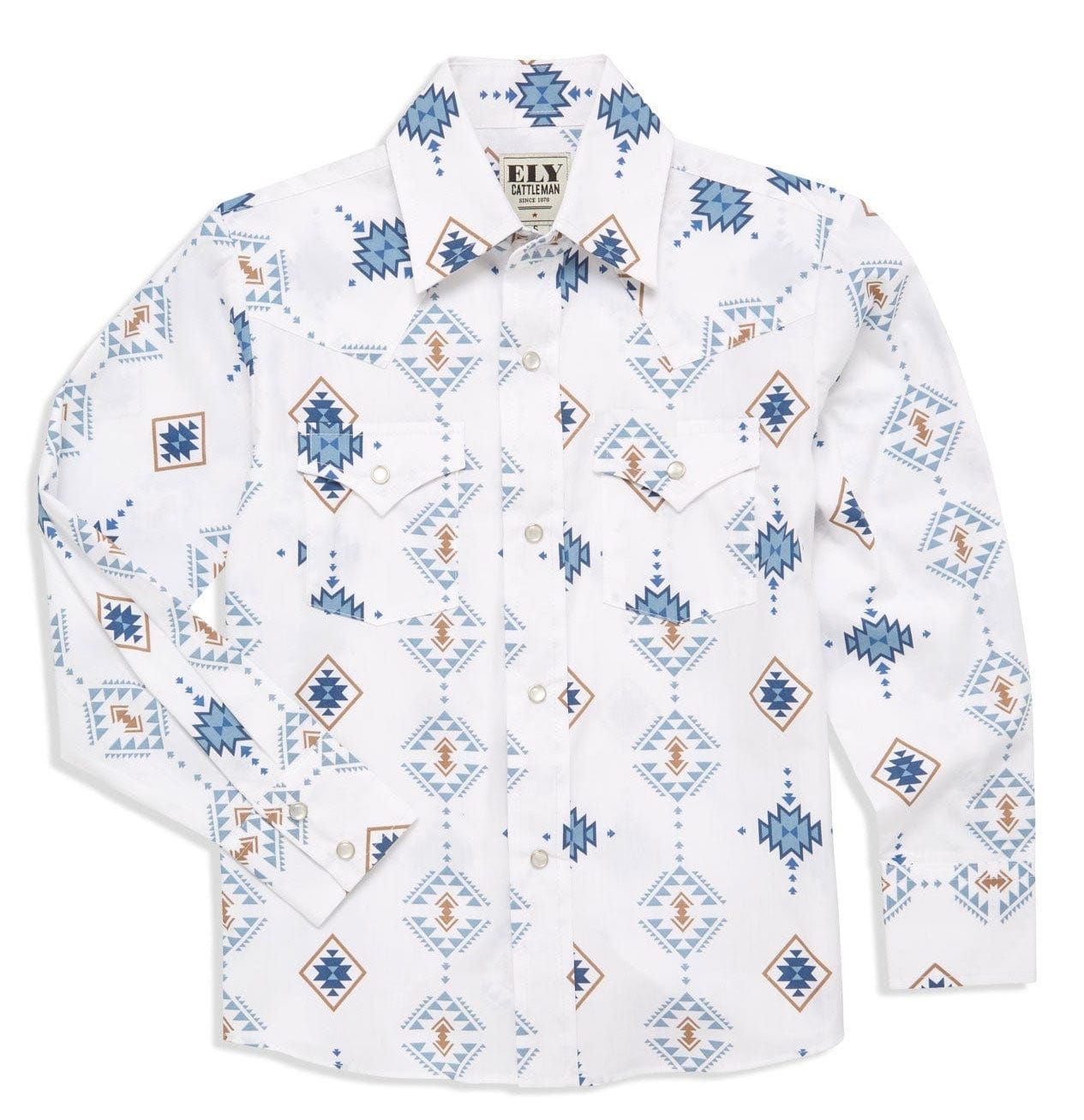 Boy's Ely Cattleman Long Sleeve Textured Southwestern Print Snap Shirt- Indigo & White - Ely Cattleman